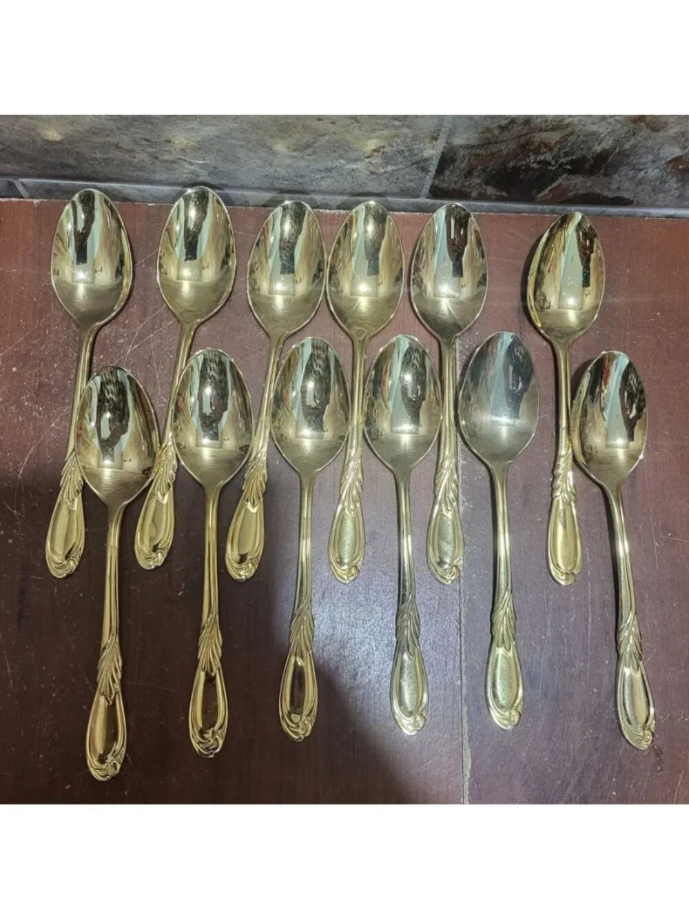 36 Piece Classic Plume Gold Electroplated Flatware Marked Stainless Steel Korea